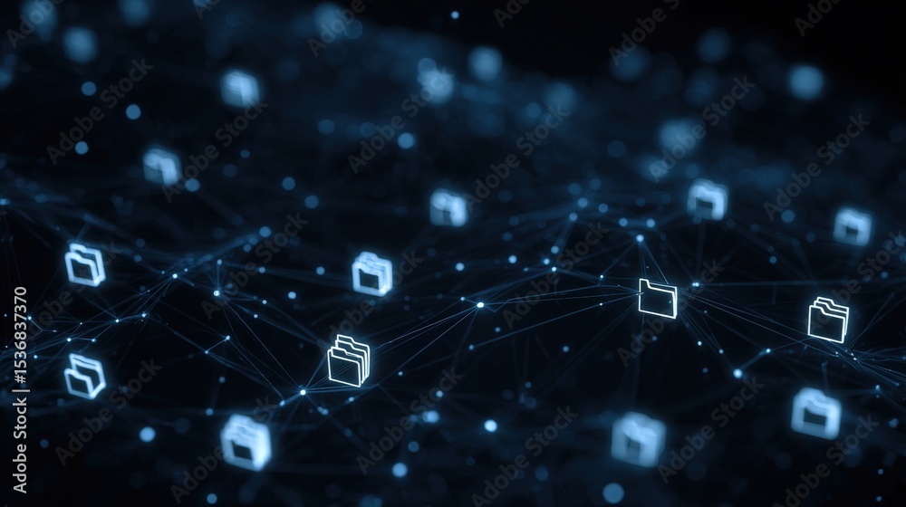 Poster abstract network grid with files and folders, futuristic software interface, digital document manage
