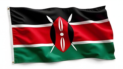 Photorealistic flag of Kenya with black, red, and green stripes, a traditional Maasai shield and spears in the center. Fabric texture with folds, isolated on white background.