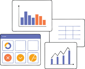 Colorful data visualization elements with charts diagrams and window ui interface