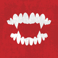 Vampire teeth with long sharp fangs isolated on grunge textured red background. Vector illustration