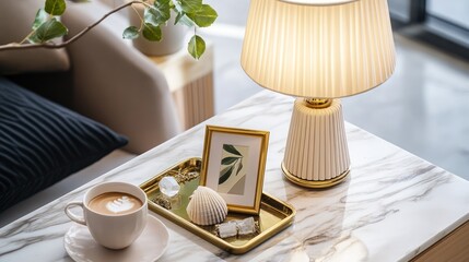 Cozy table lamp, coffee, and decor