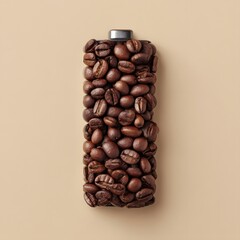 Close up of roasted coffee beans carefully arranged in the distinctive shape of a charging battery symbolizing the energizing power of caffeine