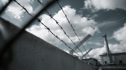 High security prison wall with barbed wire under cloudy sky, creating tense and guarded atmosphere around facility