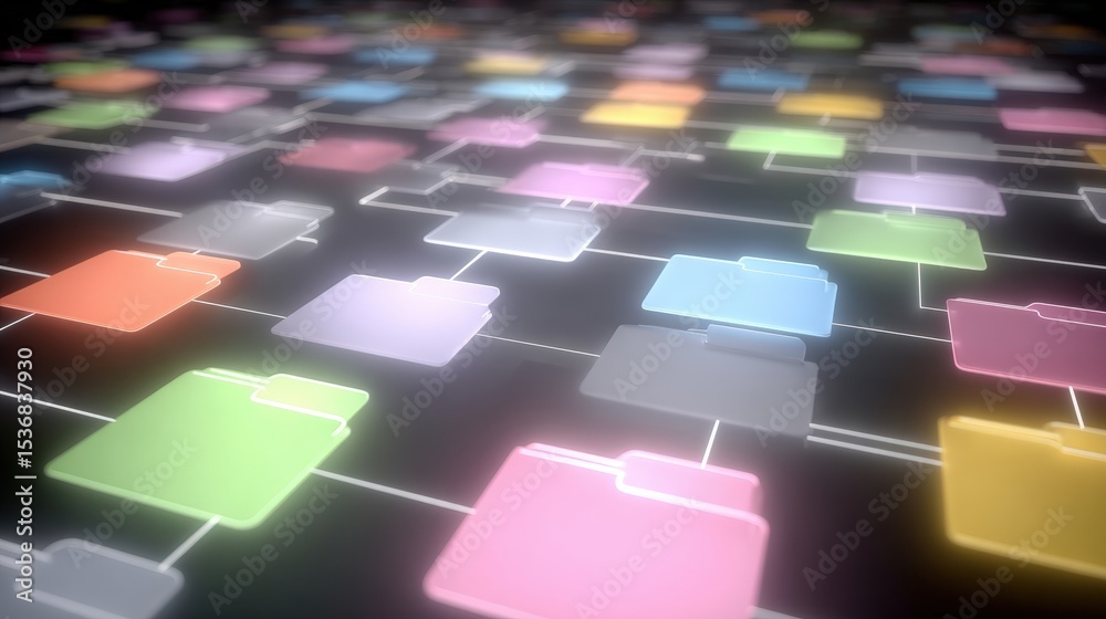 Poster abstract network grid with files and folders, futuristic software interface, digital document manage