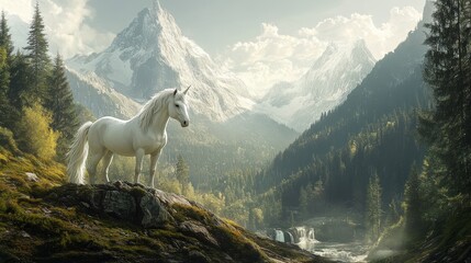 A solitary white unicorn stands on a mountain slope