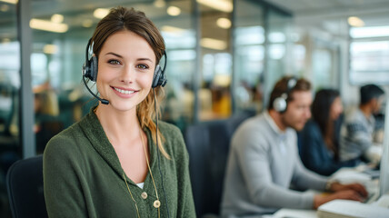 Smiling Female Customer Support Agent Wearing Headset in Modern Office Environment

