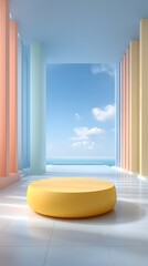 A modern pastel colored architectural space with a striking yellow circular pedestal in the foreground bathed in natural light from the large