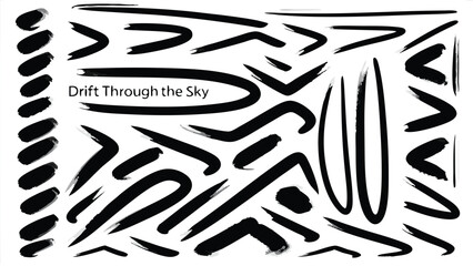 Collection of black brush strokes and lines in various shapes and orientations on a white background scene
