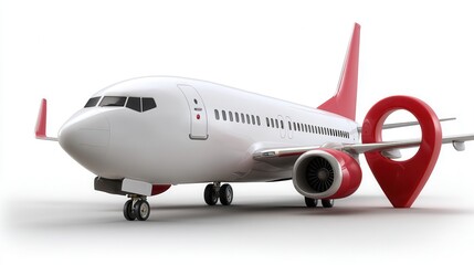 Fototapeta premium White airplane with red accents parked next to large red location pin symbolizing travel destination and navigation, conveying sense of adventure and exploration