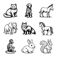 Different types of animal bundle vector illustration isolated on a white background
