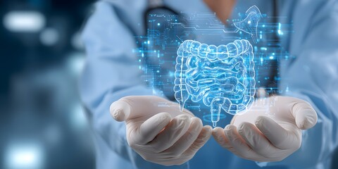 Medical professional holding a holographic transparent model of the human digestive system showcasing advanced digital health technology