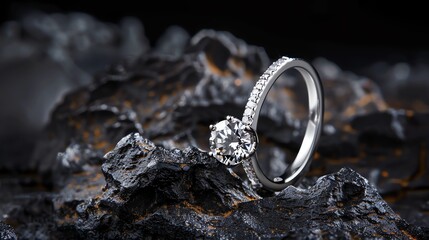 Exquisite diamond ring displayed on a rough rock surface, symbolizing the beauty and rarity of true love.