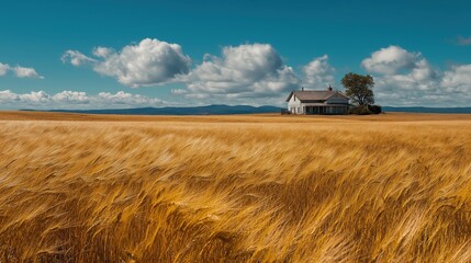 Fototapeta premium A vast golden wheat field under a blue sky with fluffy clouds, featuring a solitary farmhouse and a tree near the horizon.