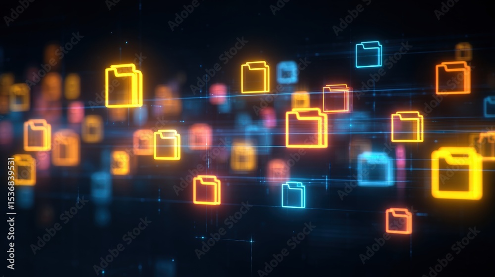 Poster abstract network grid with files and folders, futuristic software interface, digital document manage