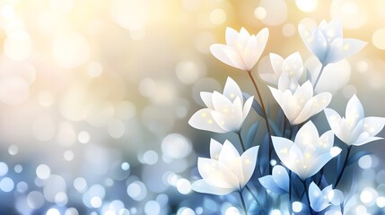 Glowing White Flowers Bokeh Background, Soft Floral Illustration