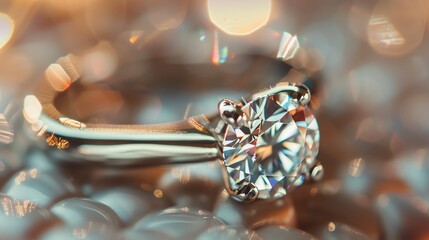 Close-up of a beautiful diamond ring with a round cut diamond. The ring is made of white gold and has a pave setting.