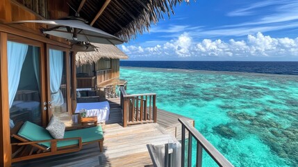Oceanfront balcony with turquoise waters and wooden structures.