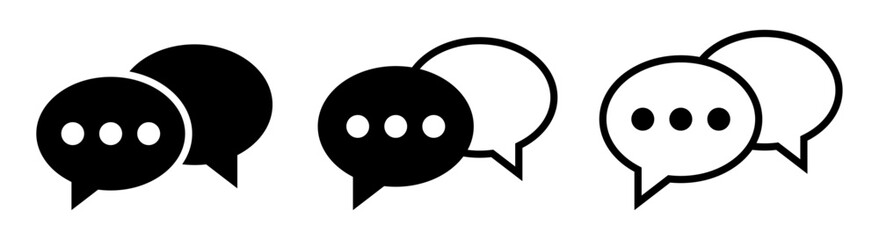 Chat icon set, black speech bubble with dots, Message conversation symbol. Flat communication icon, dialog balloon graphic vector illustration.