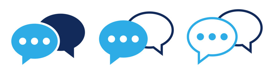 Chat icon set, blue speech bubble with dots, Message conversation symbol. Flat communication icon, dialog balloon graphic vector illustration.