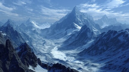 Majestic snow-covered mountains under a partly cloudy sky with sharp peaks and rugged terrain.