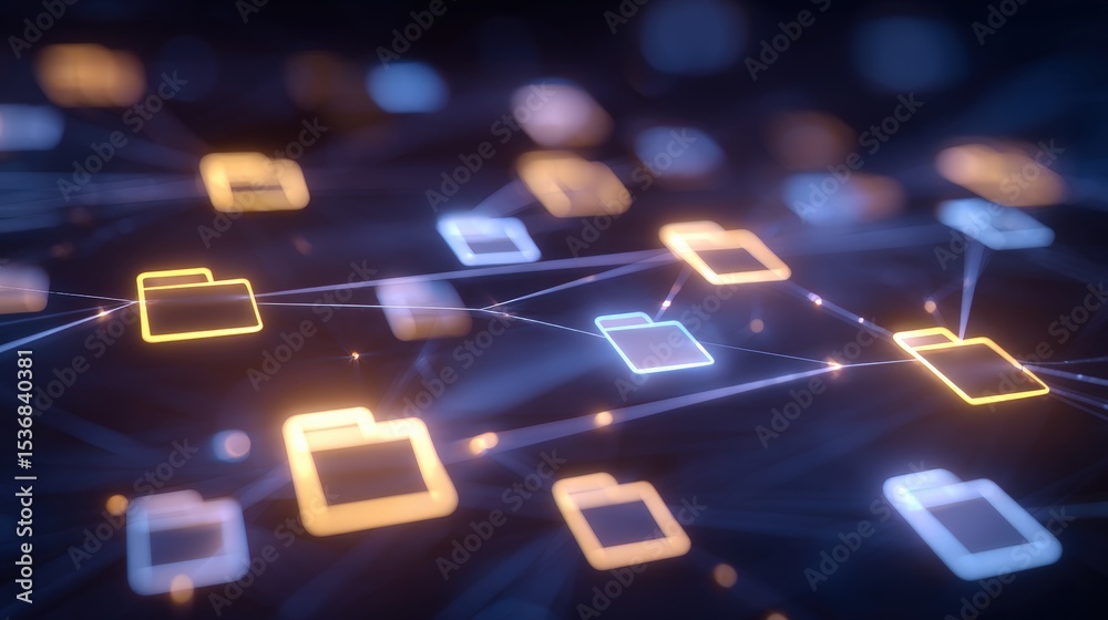 Poster abstract network grid with files and folders, futuristic software interface, digital document manage