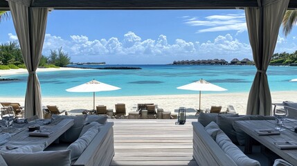 Tropical beach scene with luxury seating and dining area.