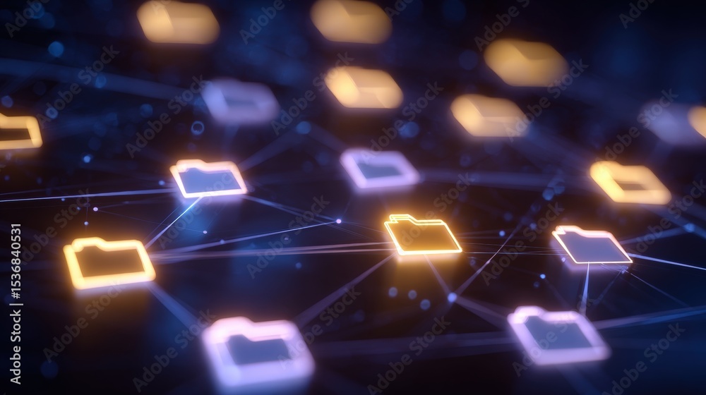 Poster abstract network grid with files and folders, futuristic software interface, digital document manage