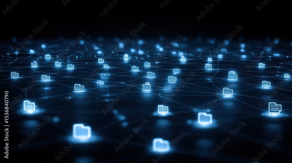 Poster abstract network grid with files and folders, futuristic software interface, digital document manage