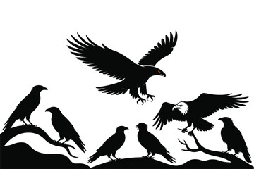 Eagle and raven silhouette vector illustration for wildlife and nature designs