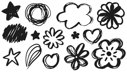Collection of hand drawn doodle elements including stars flowers clouds and hearts in black and white