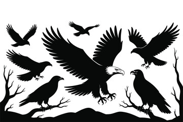 Obraz premium Eagle silhouette vector illustration with flying and perched bald eagles art