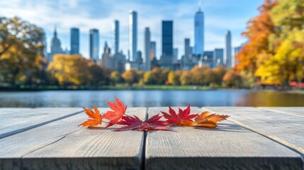 Autumn leaves on a wooden surface with a city view.