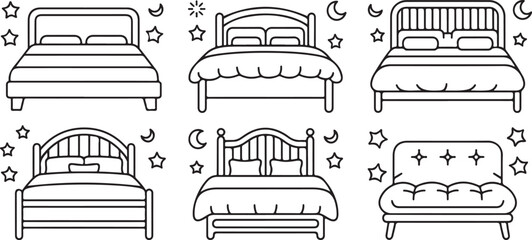 Six line art drawings of beds and a sofa