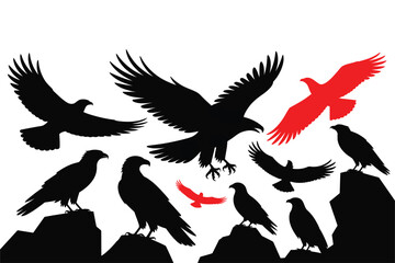 Eagle silhouettes flying and perched on rocks vector illustration design