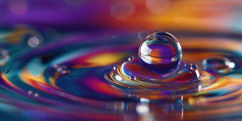 A close-up of a water droplet creating ripples on a colorful, reflective surface with vibrant purple, orange, and blue hues.