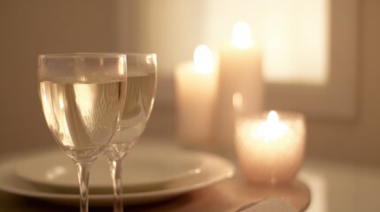 Two elegant wine glasses filled with pale white wine in soft light, delicate stems, fine craftsmanship, white plate, three lit candles, warm glow, cozy intimate atmosphere, 