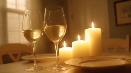 Two elegant wine glasses filled with white wine on a table with slender stems, warm lighting, lit candles of varying heights, cozy atmosphere, empty decorative plates, indoor setting, window blinds, 