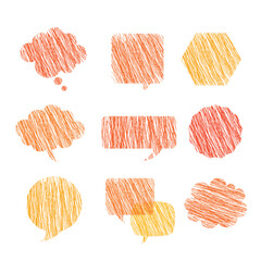 A vibrant collection of hand-drawn speech bubbles featuring colorful vector art designs and scribble textures