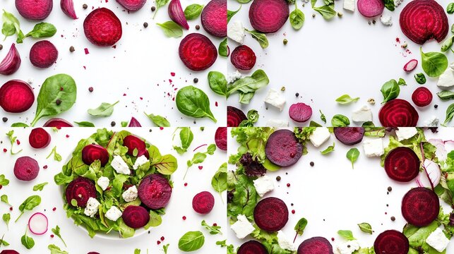 Four overhead views of beetroot and salad, arranged in a grid pattern on a white background, showing slices of beetroot, greens, and crumbled feta cheese