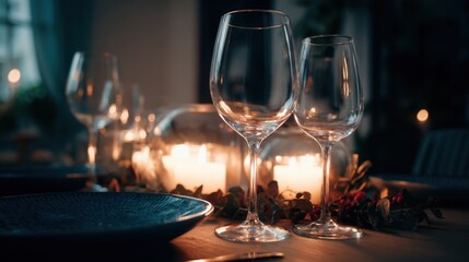 Cozy intimate dining table setting with elegant empty wine glasses, dark blue patterned plate, lit candles in glass holders, green leaves, red berries, warm glow, festive romantic ambiance, 