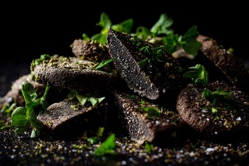 Fototapeta premium Close-up of sliced black truffles with earthy texture and intricate patterns, garnished with fresh green leaves and soil, showcasing a rich and luxurious culinary ingredient.