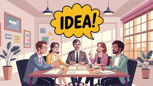 Team of diverse professionals sharing innovative ideas in modern office during brainstorming session with speech bubble highlighting creativity