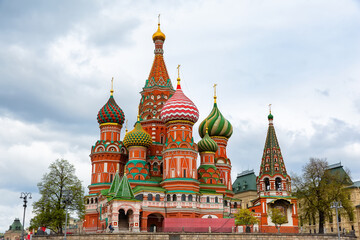 Saint Basil's Cathedral on Red Square against dramatic sky in Moscow, Russia. Beautiful old architectural building in Moscow in Russian Federation.
