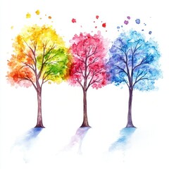 Obraz premium Four colorful trees painted in watercolor, showcasing the seasons.