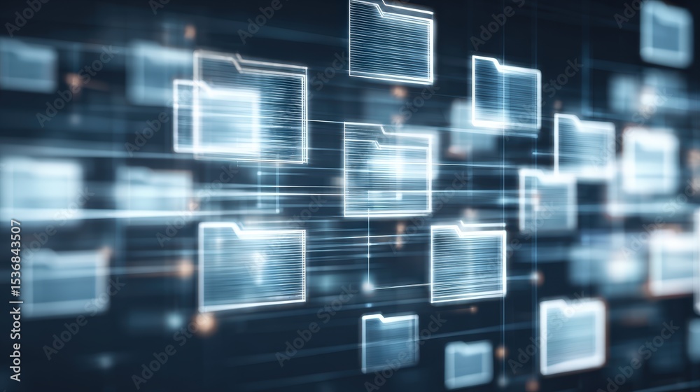 Poster abstract network grid with files and folders, futuristic software interface, digital document manage
