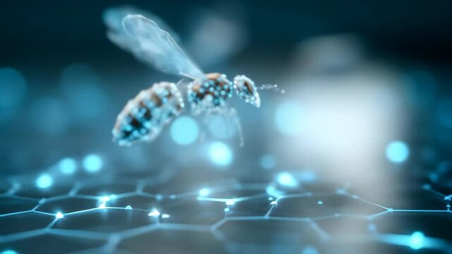 Futuristic digital bee on glowing hexagon pattern high tech innovation graphic technology design digital illustration of honeycomb pattern with hologram bee