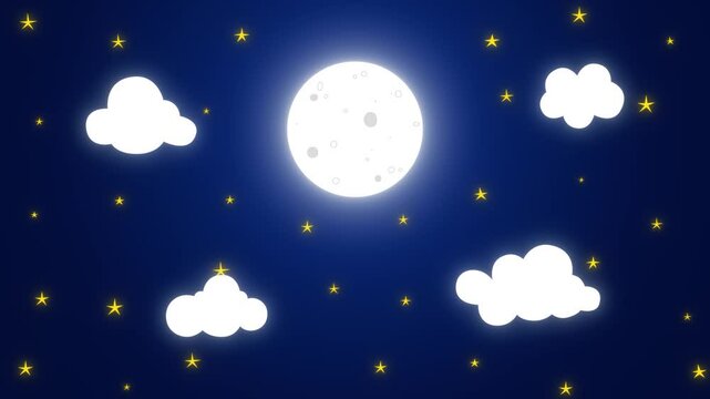 full moon and stars glowing on night sky with clouds motion background, kids lullaby and nursery rhyme social media design element	