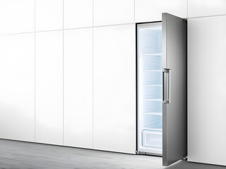 Modern Grey Kitchen With Open Refrigerator Full Of Fresh Produce And Minimalist White Sofa.