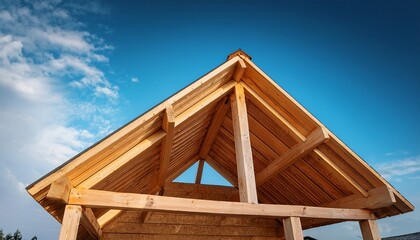 wooden beam construction detail of country house against blue sky background