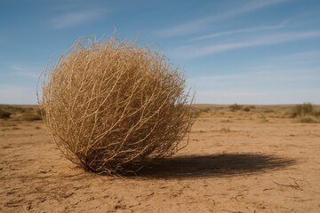 Desert tumbleweed under blue sky.